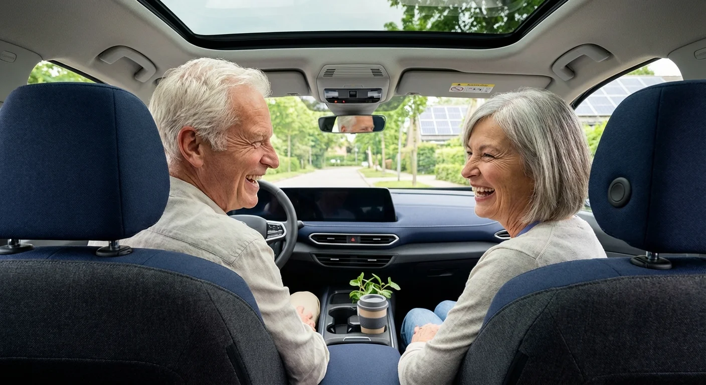 Two seniors smiling and talking while sitting in a car together.