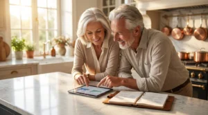 A senior couple planning their finances together in a bright, modern kitchen.