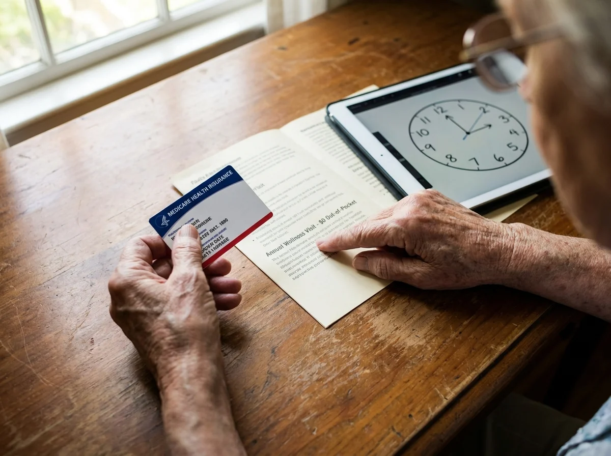 A close-up photo of a person holding their Medicare card next to a pamphlet for a free Annual Wellness Visit.
