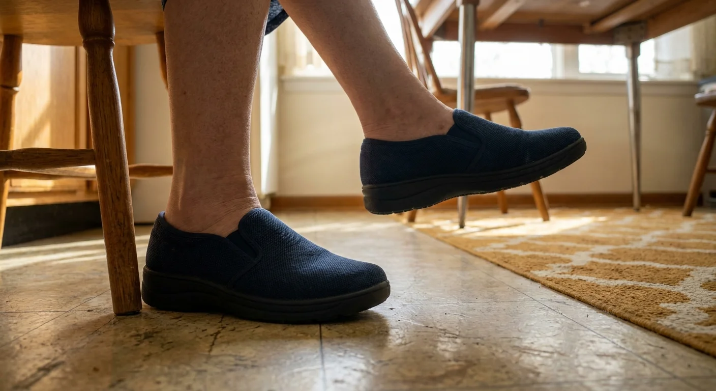 A close-up photo of a senior wearing non-slip shoes while practicing a balance exercise in a home kitchen.