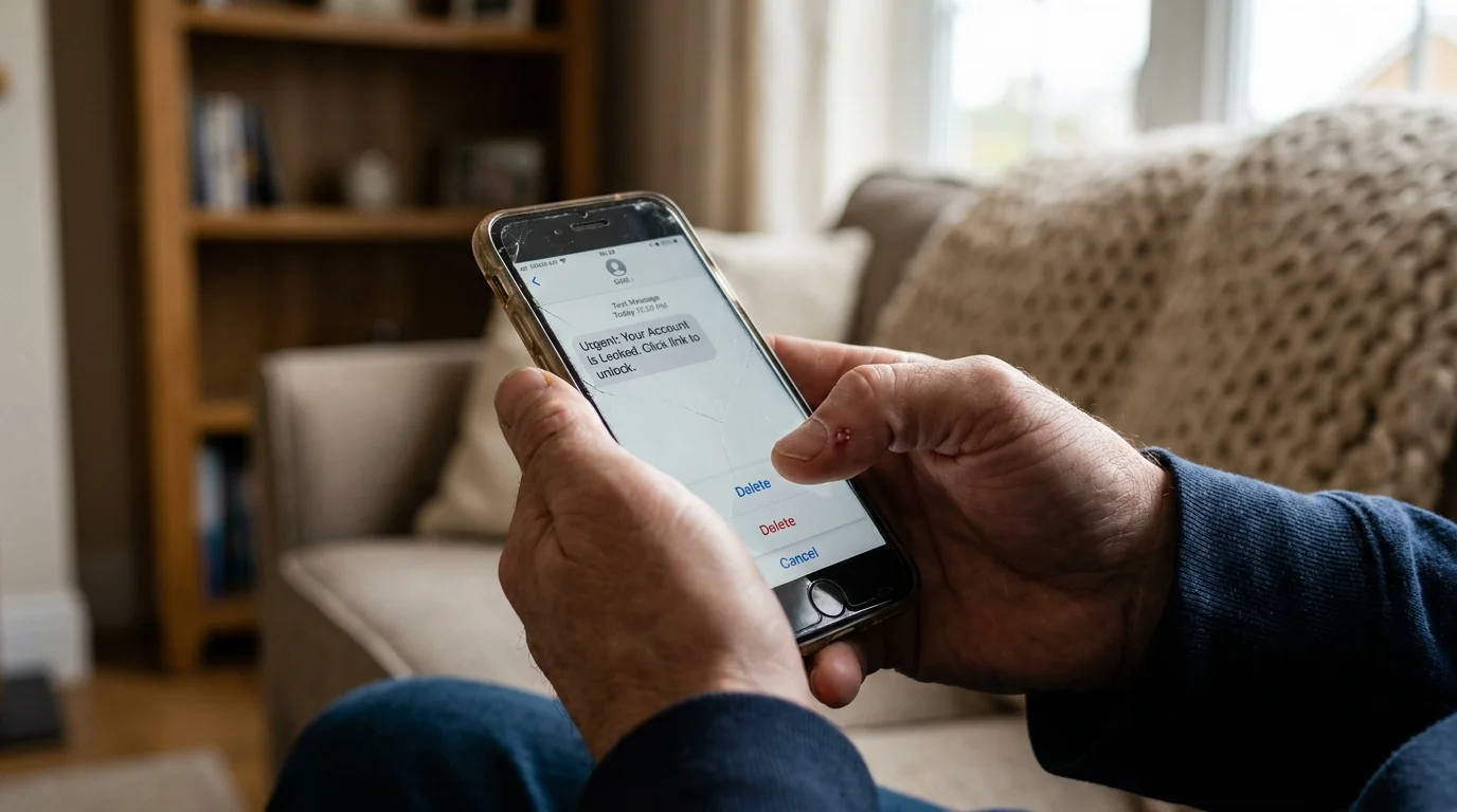 A close-up photo of a senior's hands blocking a suspicious text message on their smartphone.