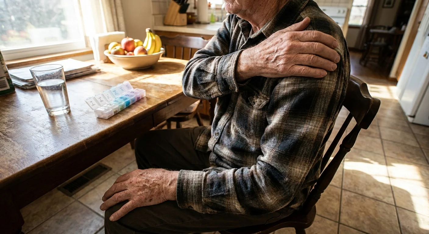 A close-up shot of a senior man's shoulder and hands as he performs seated stretches in his kitchen.