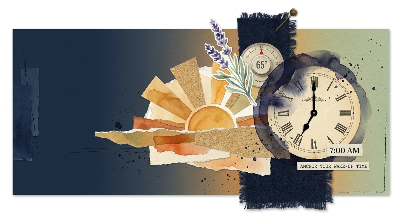 A collage featuring a 7:00 AM clock, a sunrise, and a 65-degree thermostat, representing sleep hygiene habits.