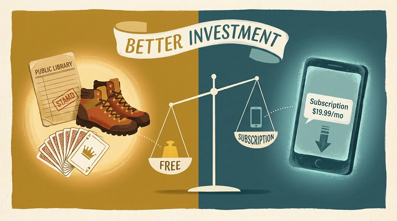 A conceptual illustration comparing free activities like library books and hiking against expensive digital subscriptions.