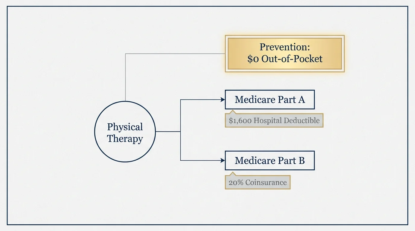 A diagram showing Medicare Part A and Part B costs compared to the zero-dollar cost of prevention.