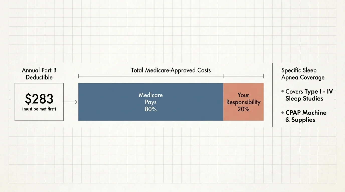 A financial diagram showing Medicare covers 80% of sleep apnea costs after a $283 deductible is met.