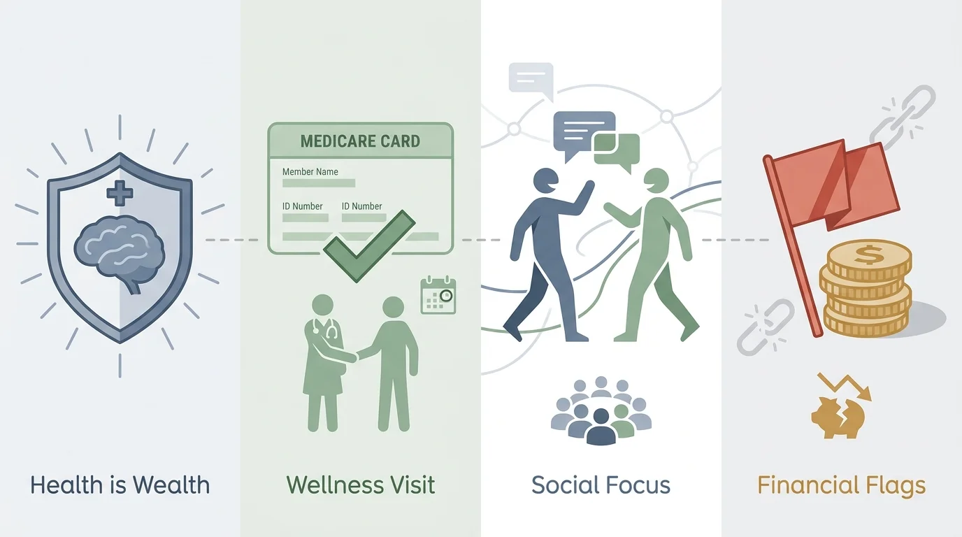 A four-part infographic showing icons for brain protection, Medicare coverage, social activity, and financial warning signs.