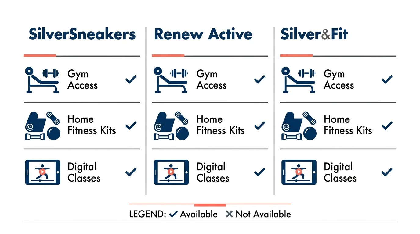 A horizontal comparison chart showing the features of SilverSneakers, Renew Active, and Silver&Fit fitness programs.