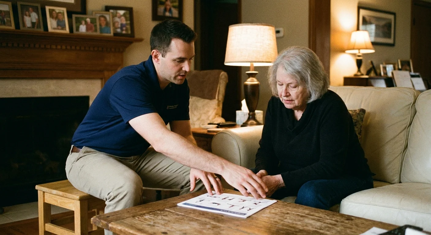 A physical therapist discussing a balance exercise plan with a senior in a comfortable home living room.