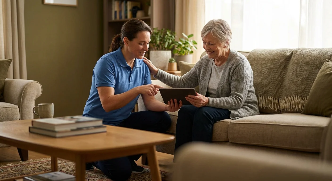 A physical therapist in casual clothes showing a diagram to a senior person in a comfortable living room.