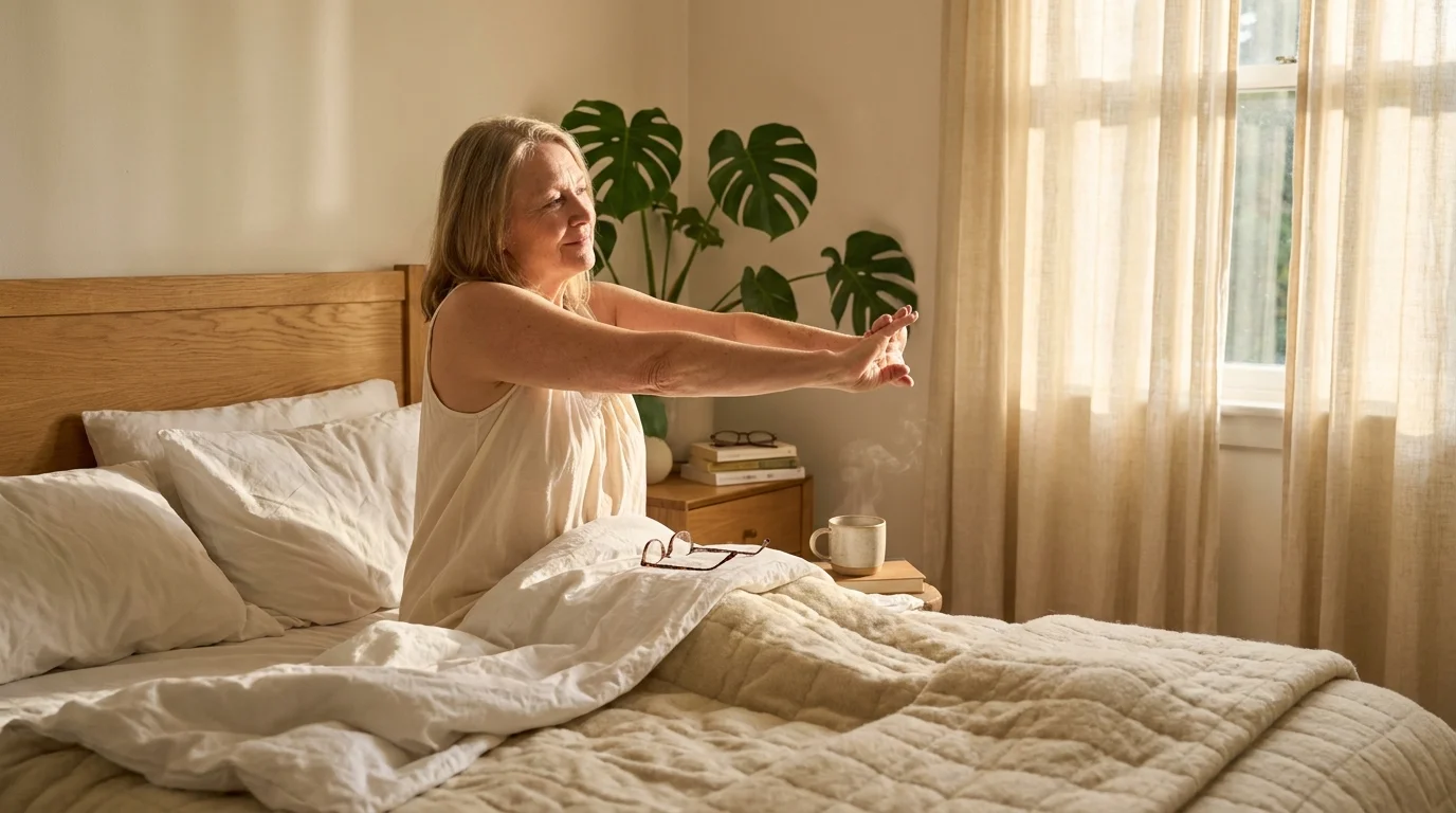 A rested woman in her late 60s waking up in a sunlit, peaceful bedroom with natural linen bedding.