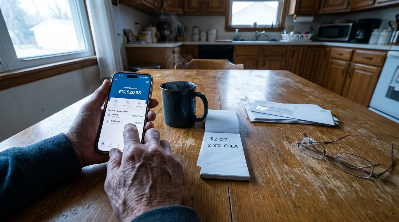 A senior checking their bank balance on a smartphone at a kitchen table, with '2.8% COLA' written on a nearby notepad.