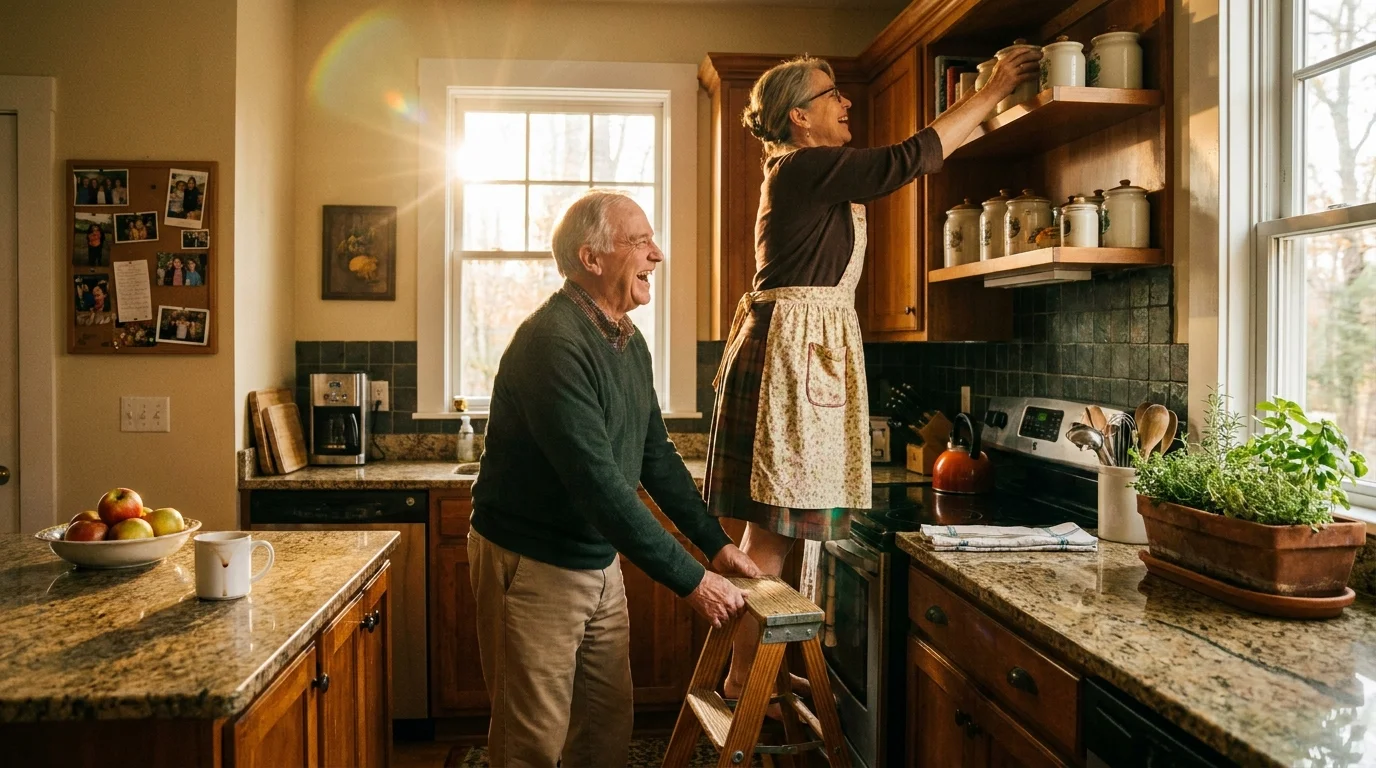 A senior couple laughing in their sunlit kitchen, demonstrating physical independence and active daily living in their own home.