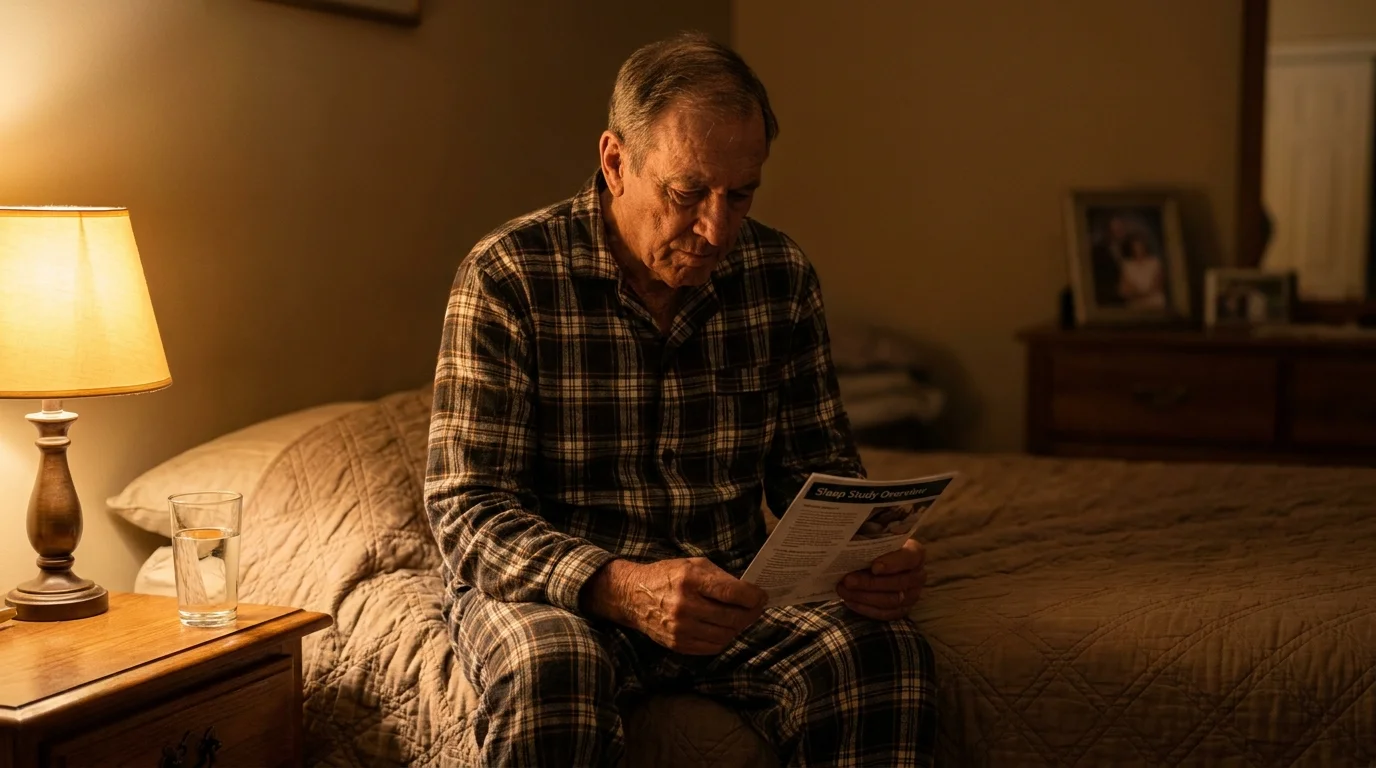 A senior man sitting on the edge of his bed at night, reading a medical brochure about sleep studies.