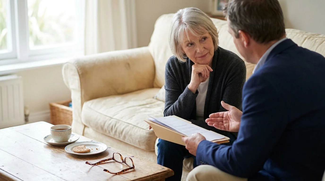 A senior woman having a serious but comfortable discussion with a financial advisor in her living room.