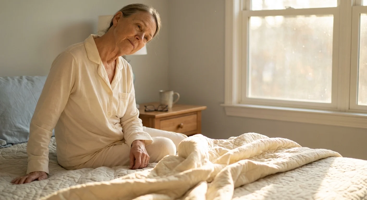 A senior woman performing a gentle morning neck stretch while sitting on her bed in a sunlit room.