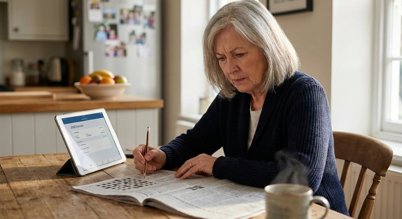 A senior woman works on a crossword puzzle at a sunlit kitchen table next to a tablet showing her 2026 financial dashboard.