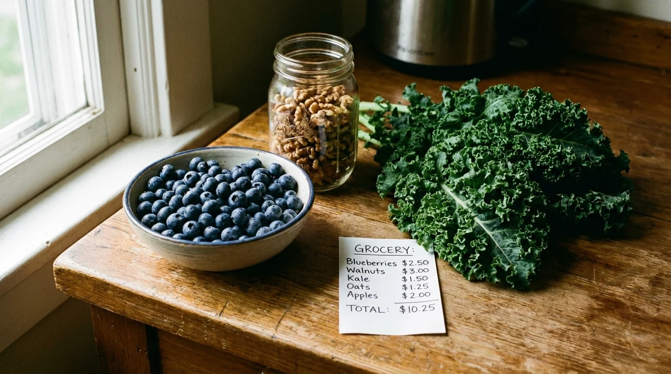 A still-life photo of blueberries, walnuts, and kale on a wooden counter next to a grocery receipt.
