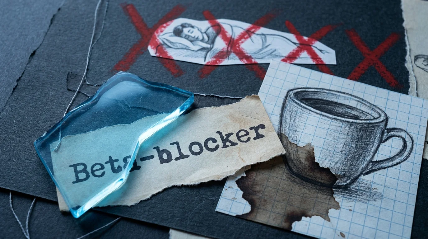 A symbolic collage of a blue-light screen, a beta-blocker label, and a coffee cup, illustrating sleep mistakes.