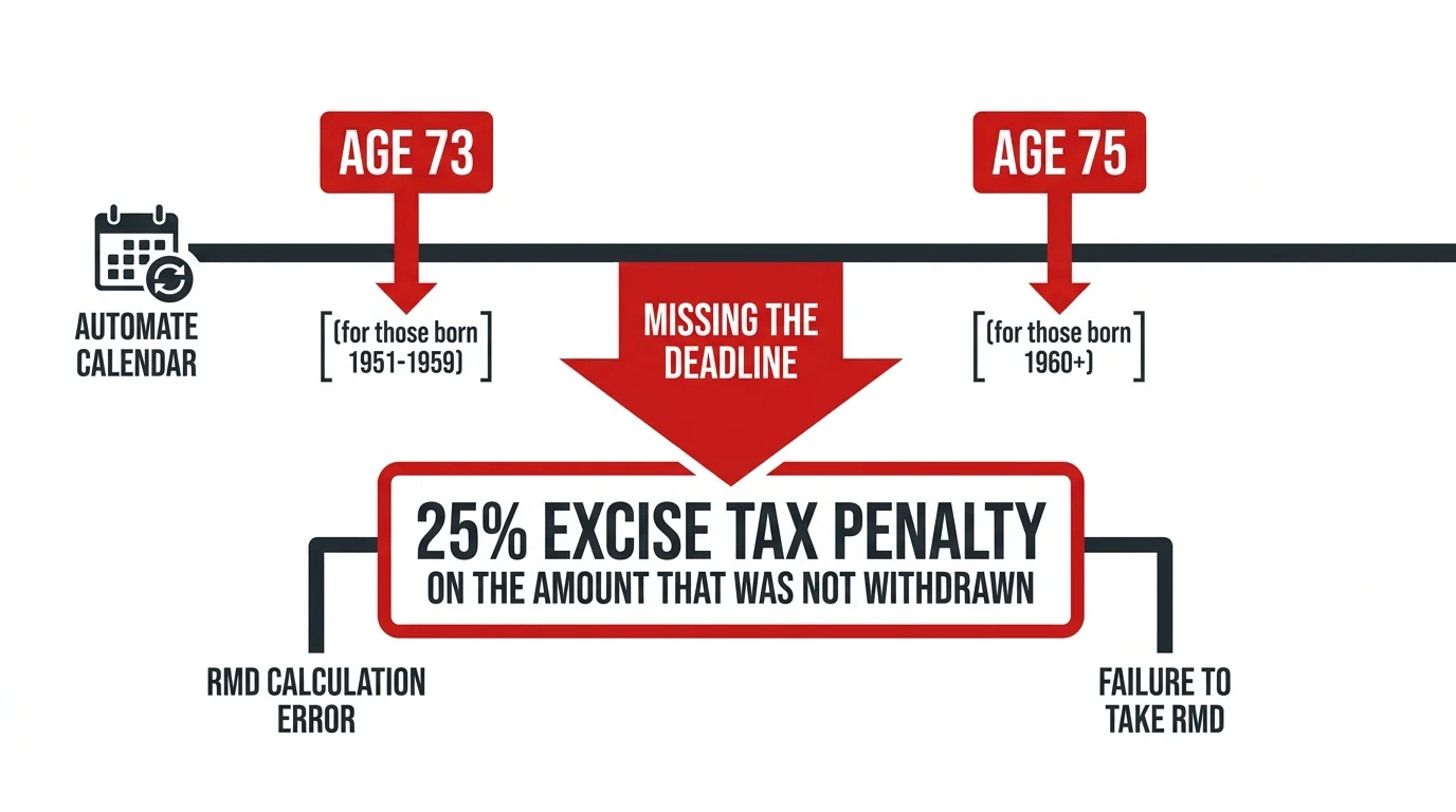 A timeline diagram showing RMD ages 73 and 75, with a warning about the 25% IRS excise tax penalty for missed withdrawals.