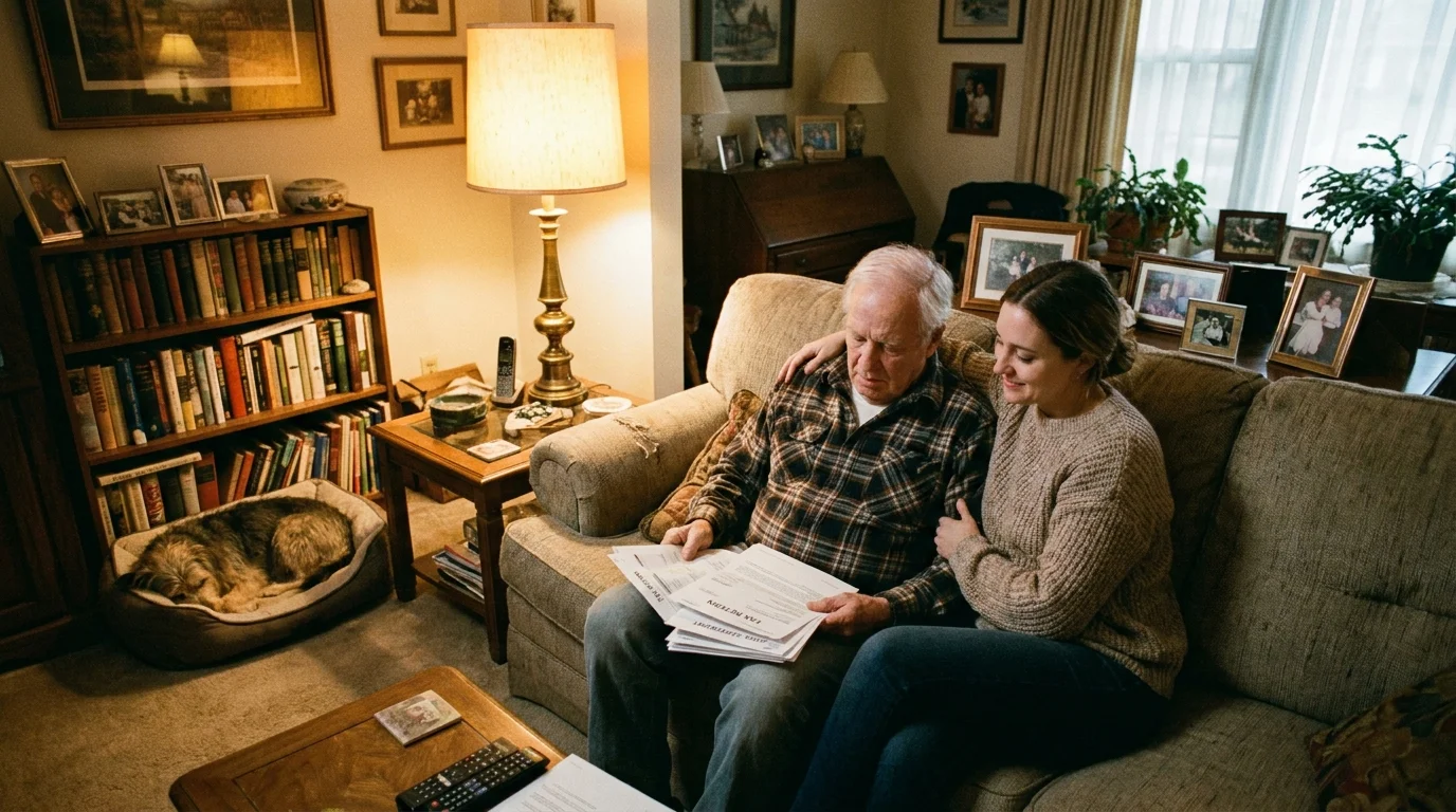 A warm film photograph of an older man and his daughter reviewing financial paperwork together in a cozy living room.