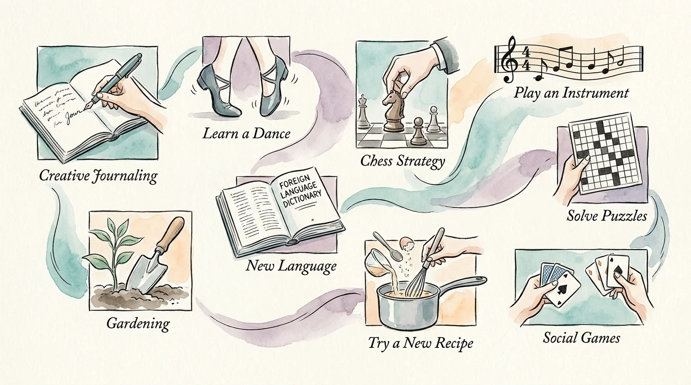 A watercolor montage showing various brain exercises like chess, dancing, gardening, and journaling with soft artistic washes.