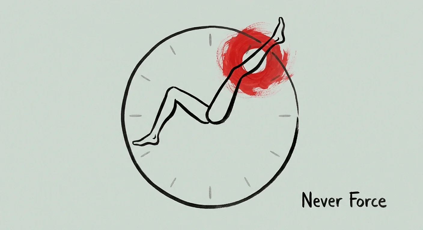 An editorial illustration of a clock with legs as hands, showing a red highlight on a joint to warn against overstretching.