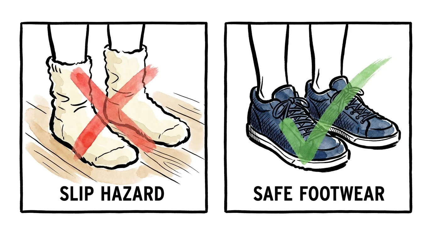 An illustration comparing dangerous slippery socks to safe, supportive sneakers for seniors.