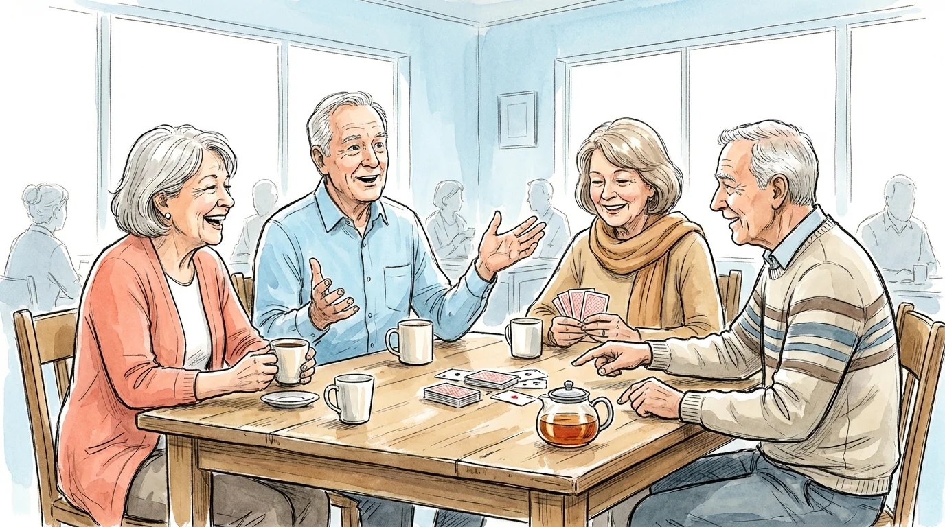 An illustration of a group of seniors laughing and talking together at a cafe over coffee and cards.