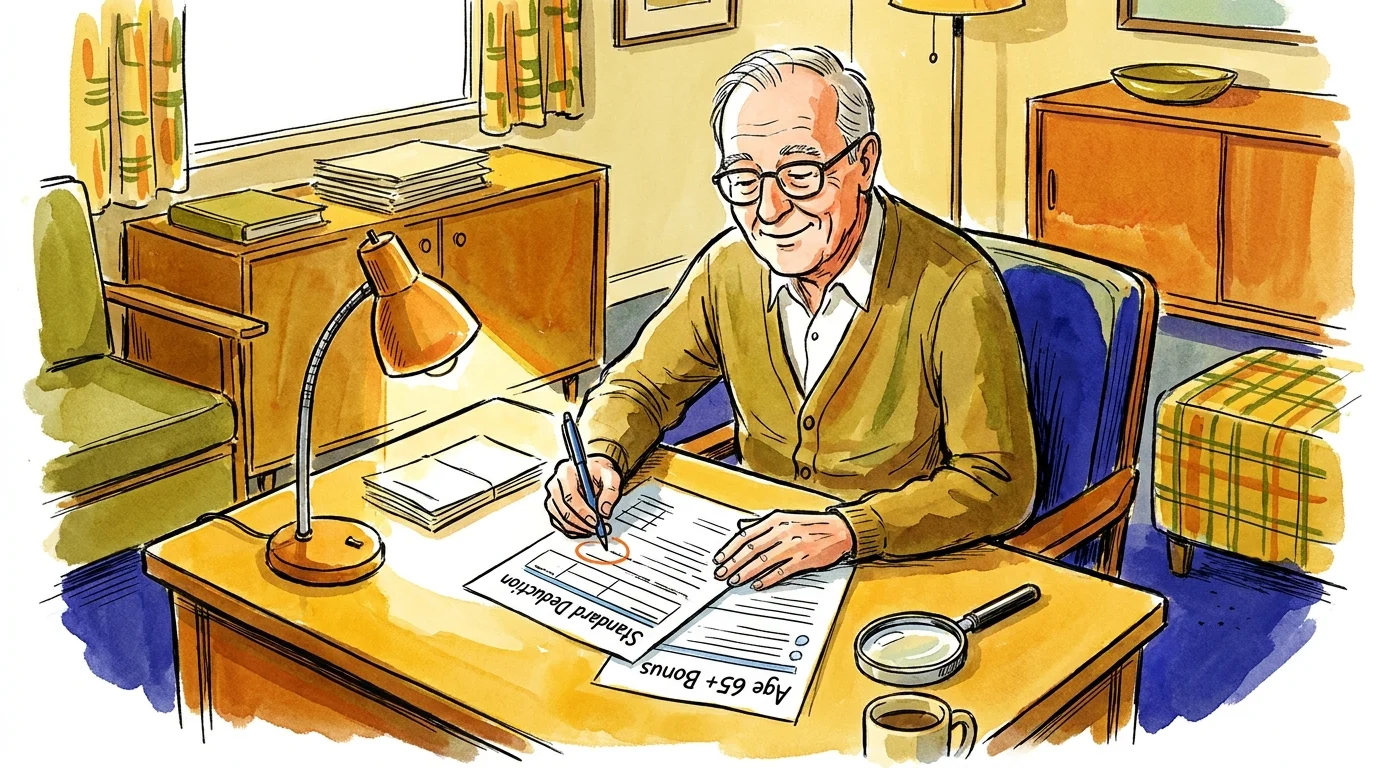 An illustration of a senior man reviewing tax forms and finding deductions for those aged 65 and older.