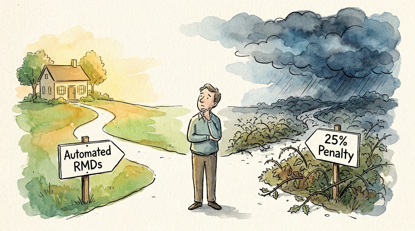 An illustration showing a choice between a clear path of 'Automated RMDs' and a difficult path labeled '25% Penalty'.