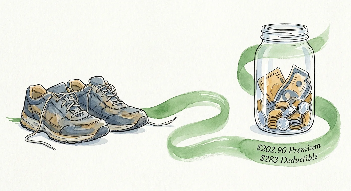 An illustration showing walking shoes connected to a savings jar, labeled with Medicare premium and deductible costs.