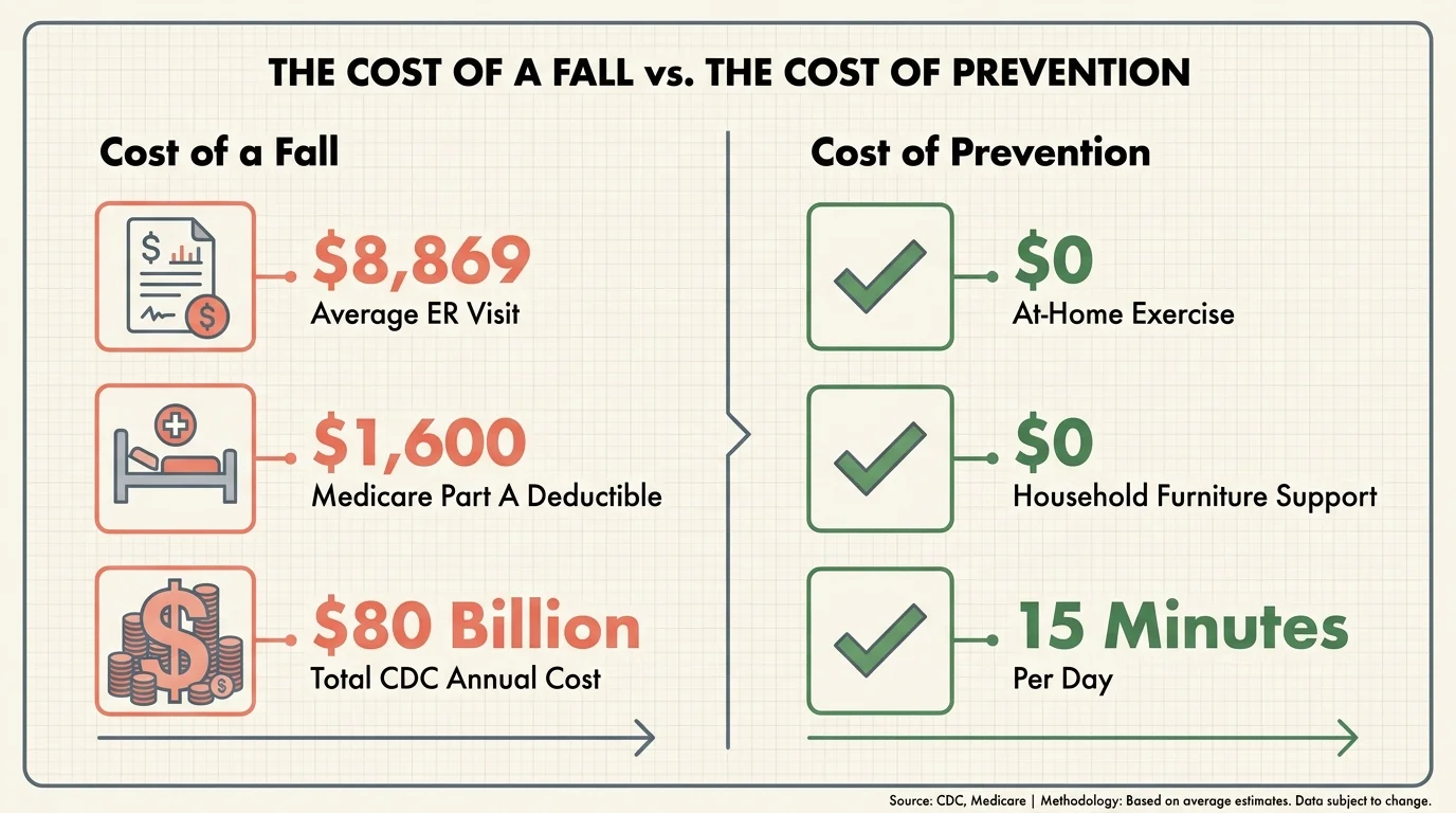 An infographic comparing the $8,869 cost of an ER visit to the zero-dollar cost of at-home fall prevention exercises.