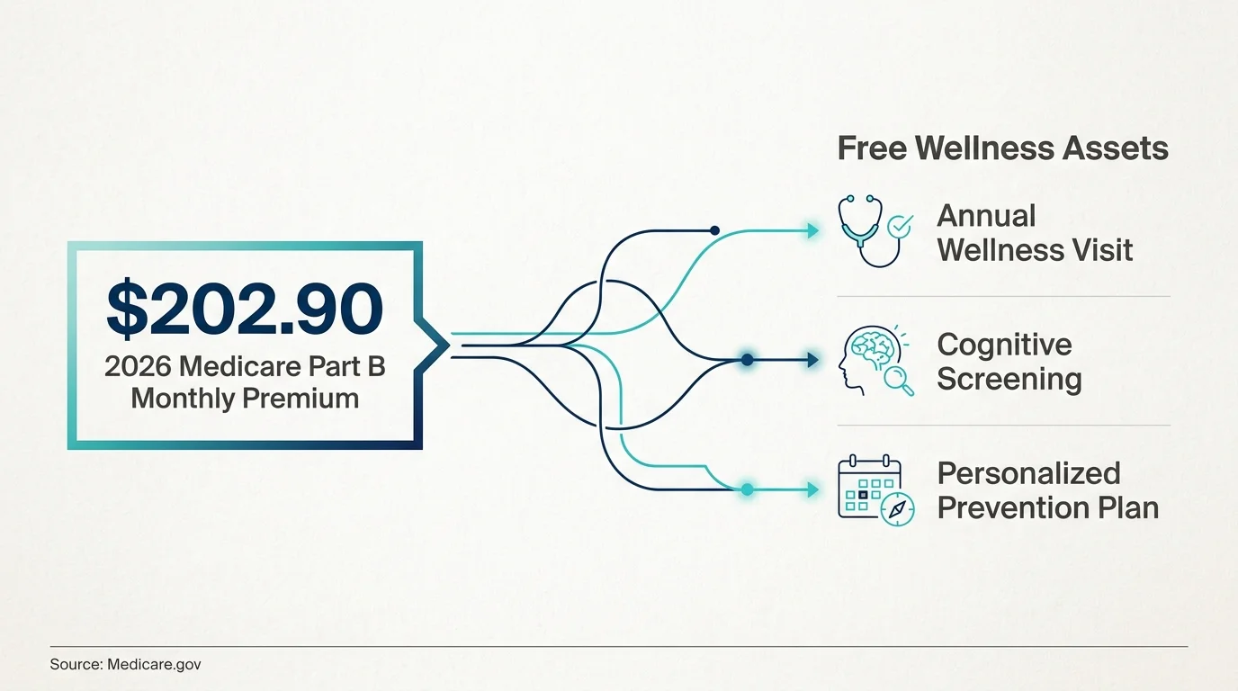 An infographic showing the 2026 Medicare Part B premium of $202.90 and the free preventive services it provides.