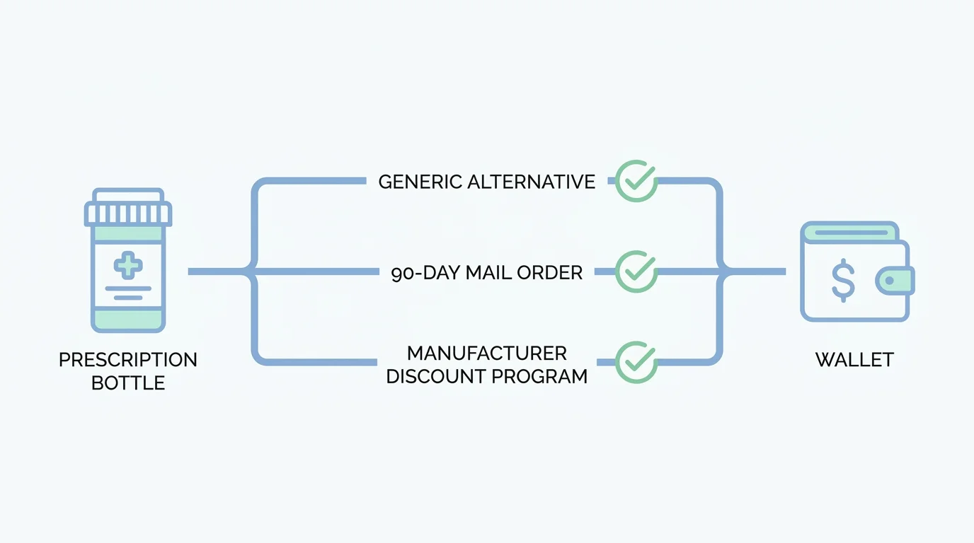 An infographic showing ways to save on prescriptions: generic alternatives, 90-day mail orders, and discount programs.