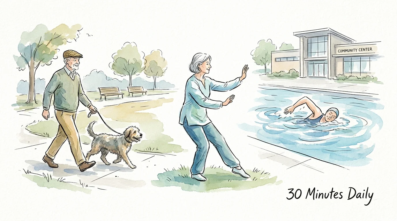 An ink and watercolor drawing of seniors walking, doing tai chi, and swimming, labeled '30 Minutes Daily'.