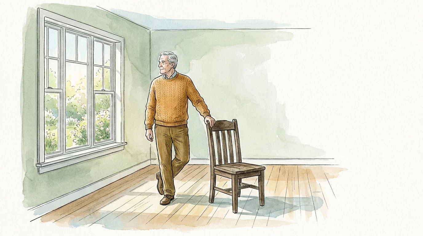 An ink and watercolor illustration of a senior man practicing balance exercises in a sunny, peaceful living room.