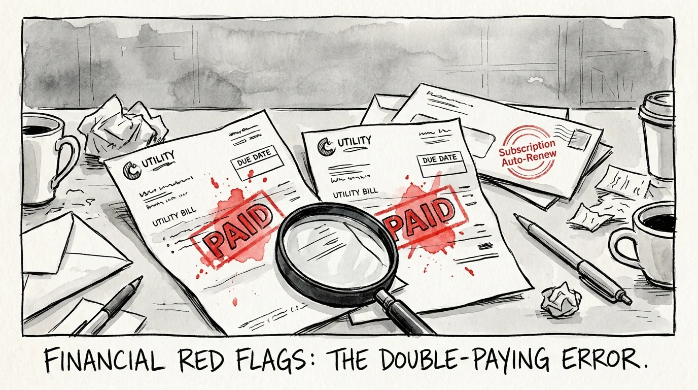 An ink drawing of two identical utility bills both stamped as 'PAID', symbolizing a common financial error during cognitive decline.