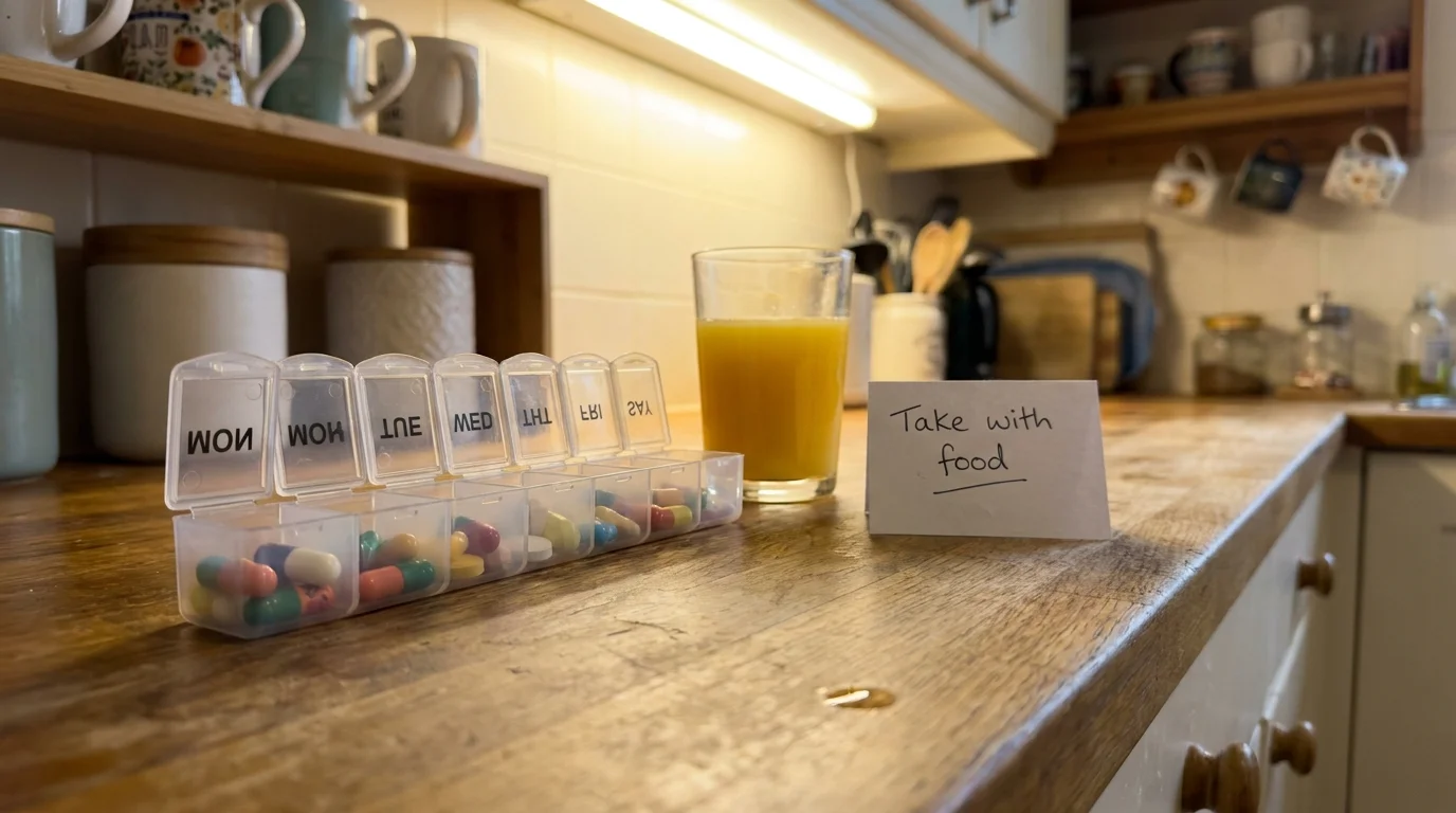 A 7-day pill organizer and a glass of juice on a counter, representing a consistent medication routine.