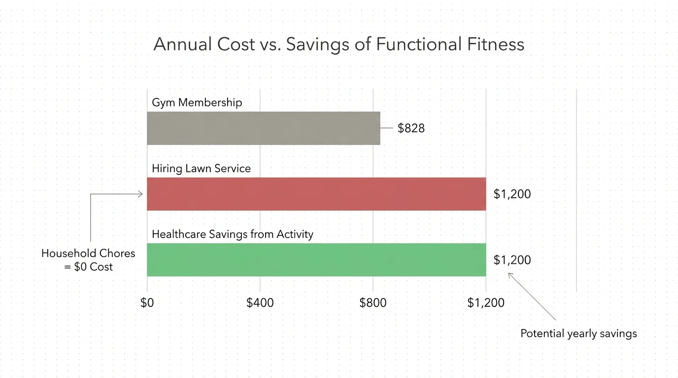 A bar chart comparing $828 gym costs and $1,200 lawn service costs to $1,200 in healthcare savings.