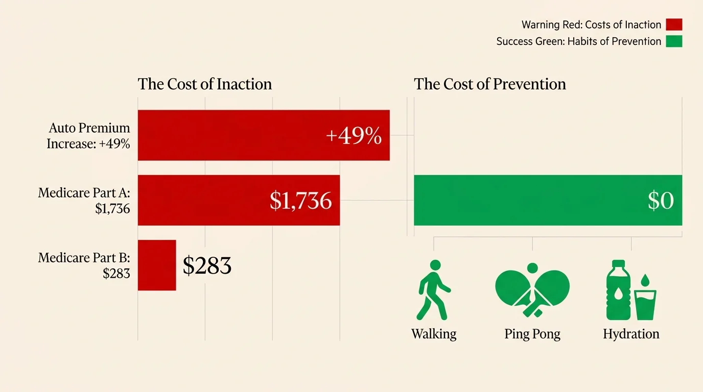 A bar chart comparing high medical and insurance costs to the zero-dollar cost of healthy habits.