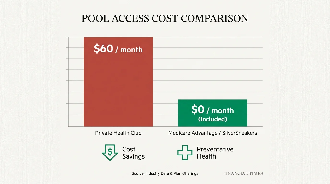 A bar chart comparing the $60 monthly cost of a private gym to the $0 cost of Medicare-sponsored fitness programs.