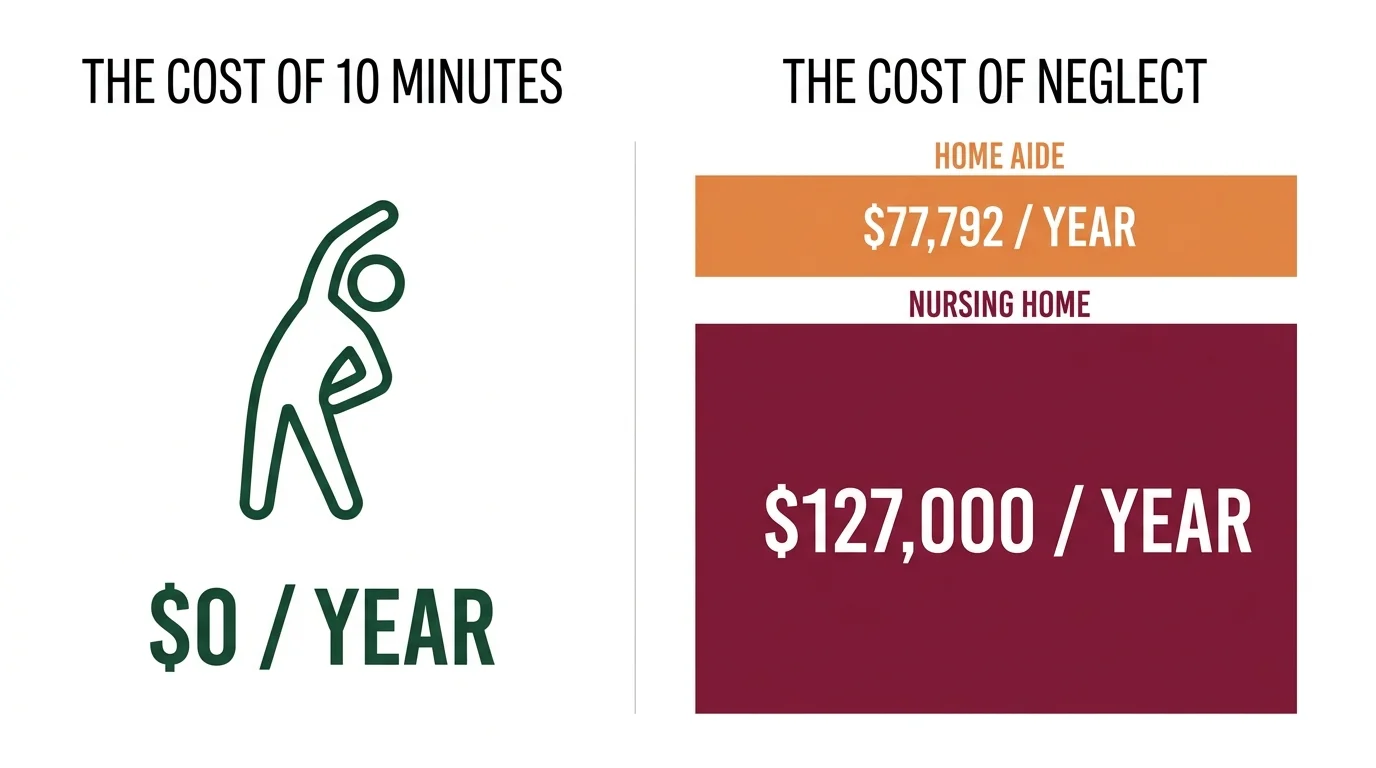 A bar chart visually comparing the $0 cost of stretching to the $127,000 annual cost of nursing home care.