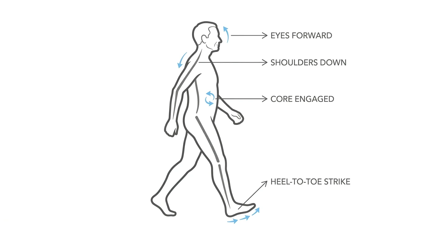 A biomechanical diagram showing a senior walking with correct posture, including labels for head, shoulders, core, and foot strike.