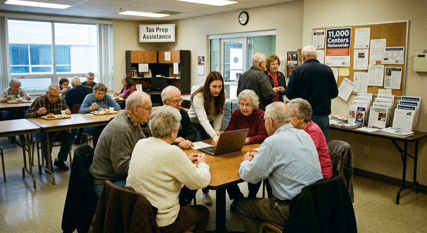 A busy scene inside a community senior center showing people learning on a laptop and sharing a meal together.
