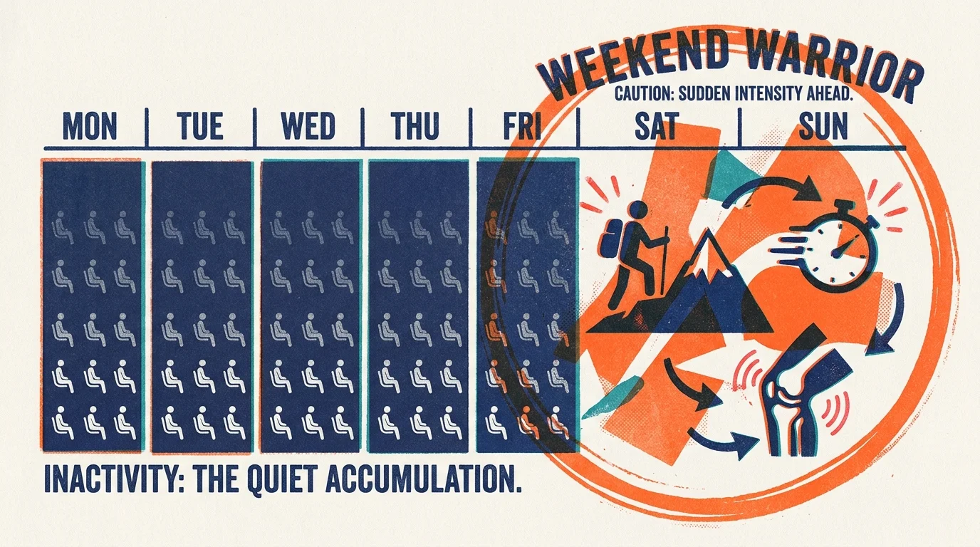 A calendar illustration showing a week of inactivity followed by a high-intensity, joint-taxing weekend.
