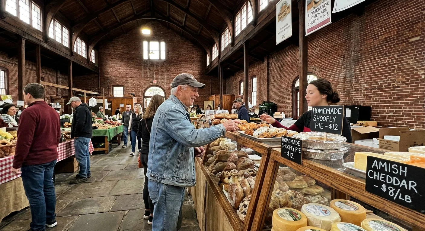 A candid shot of a retiree shopping at the historic Lancaster Central Market, showing the city's walkable access to fresh food.