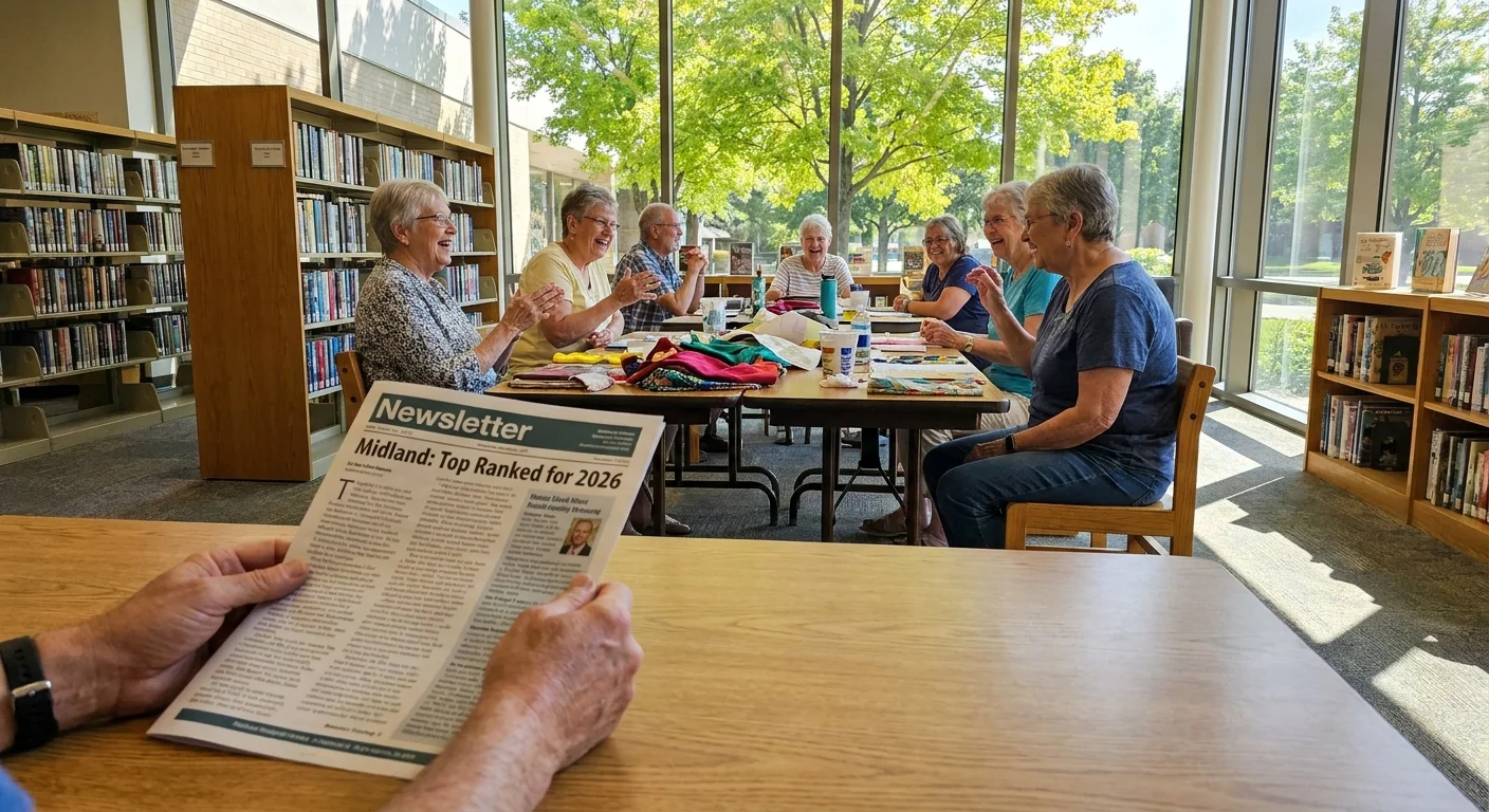 A candid view of a community center in Midland, Michigan, showing active seniors and a community newsletter.