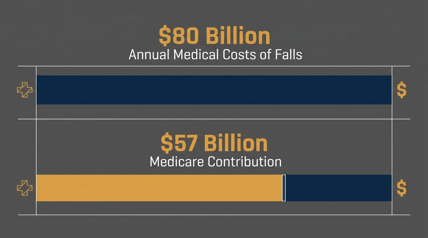 A clean bar chart showing the $80 billion cost of senior falls versus the $57 billion Medicare covers.