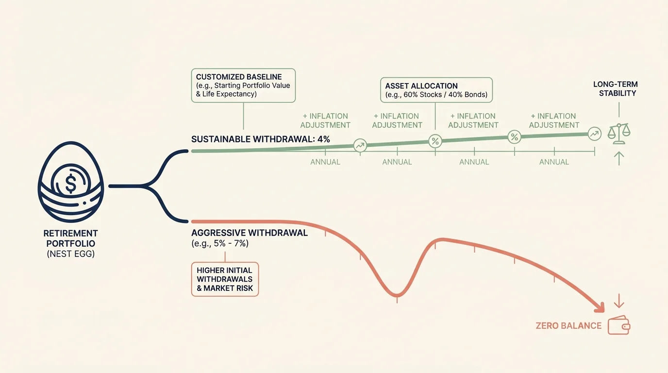 A clean infographic showing the sustainability of the 4 percent rule versus aggressive spending in retirement portfolio management.